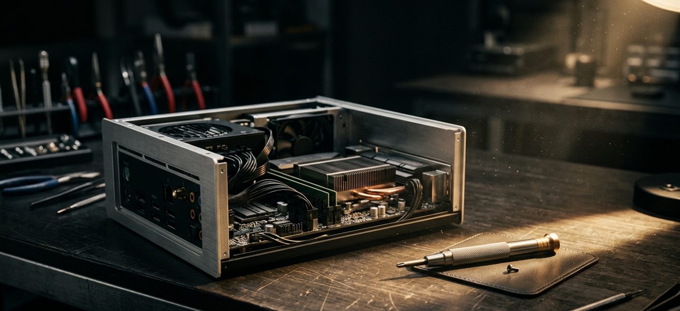 Établi de l'atelier : PC ouvert sous une lumière dorée